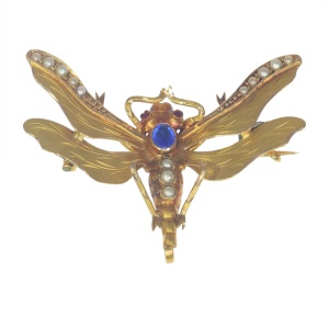 Vintage antique Victorian insect brooch with half seed pearls and a blue stone
